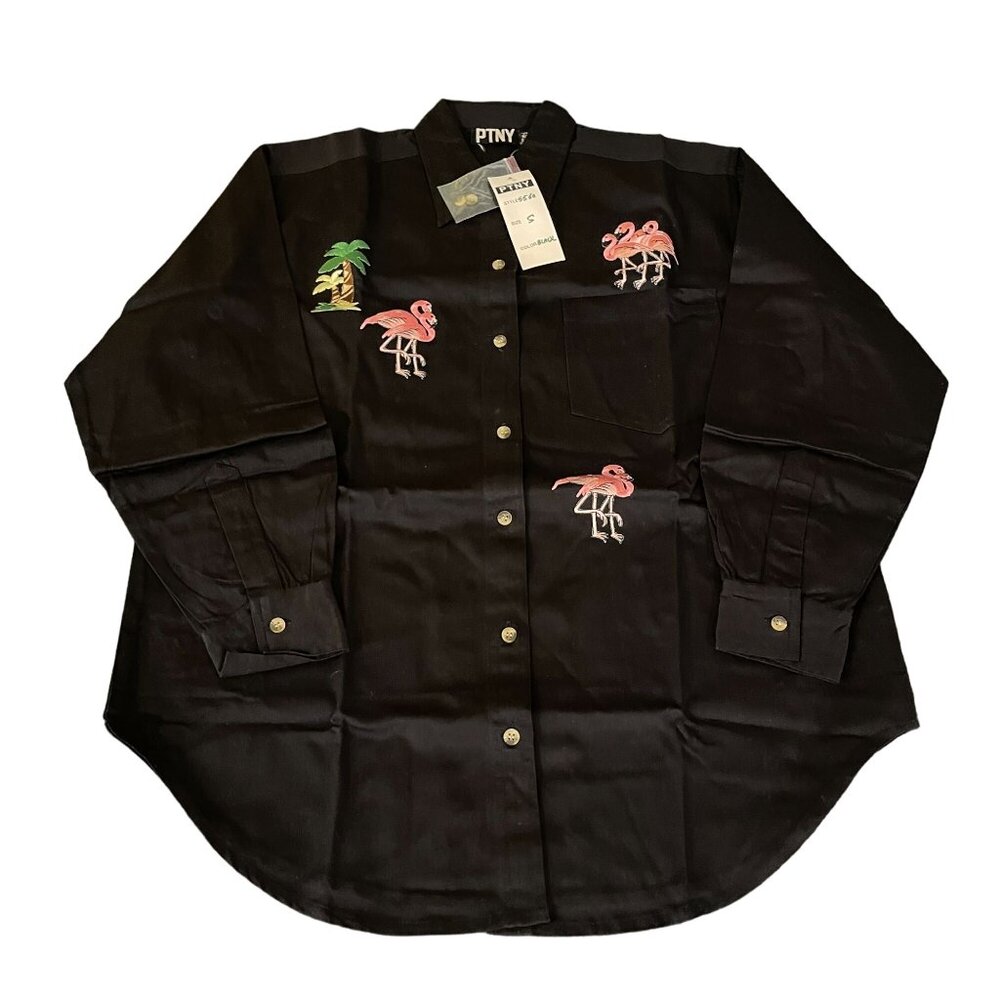 PTNY Women's Black Button-Up Shirt W/Flamingo & Palm Tree Embroidery, Size S NWT